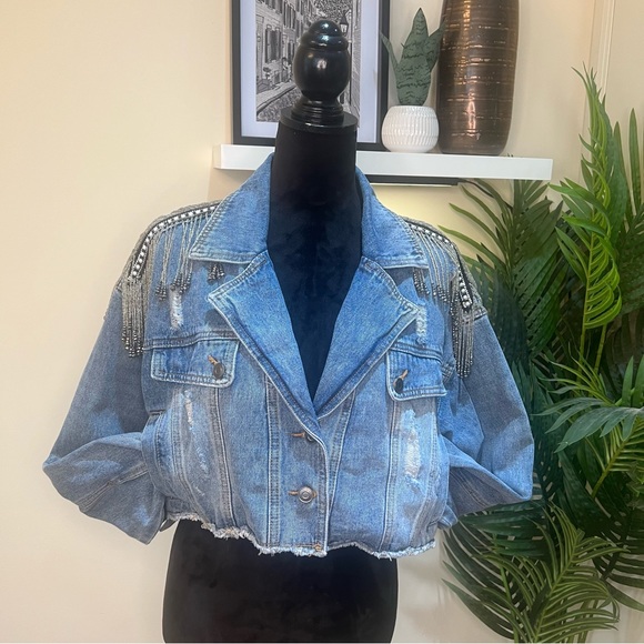 Forever 21 BEADED RHINESTONE Embellished Tassels Denim Crop Jacket Medium - Picture 10 of 13